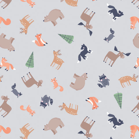 Cozy Forest - Animals Sky Grey Flannel