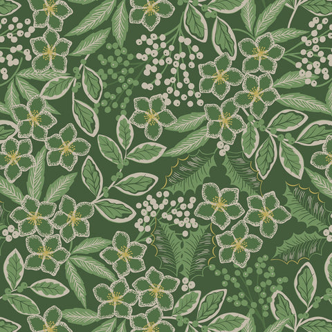 Noel - Holly Berries Mono on Christmas Green w/Metallic