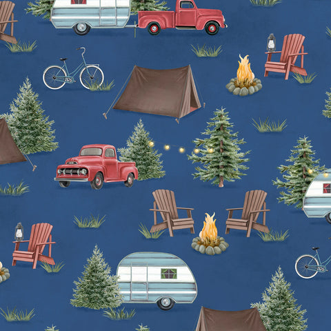 Evergreen Escape - Navy Camping Scenic All Over
