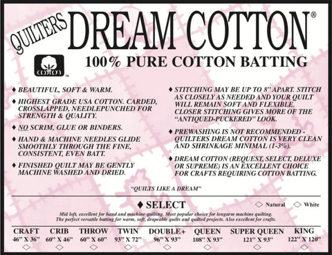 Quilters Dream Cotton Batting - Select Loft - Natural Colour - King Size Bag