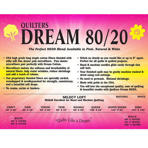 Quilters Dream 80/20 Batting - Natural Colour - 121" wide